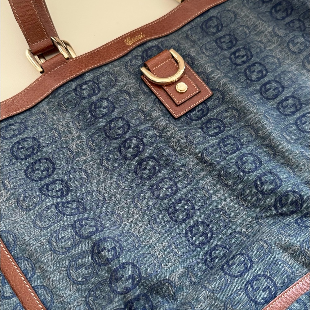 Gucci Denim Blue Monogram Tote with Brown Trim